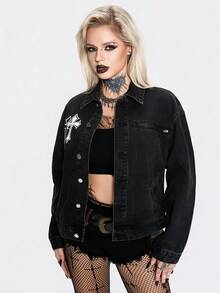 Breakform Chaqueta de mezclilla con estampado de cruz, estilo punk - Negro - Ver 5