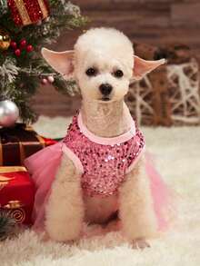PETSIN Christmas Sparkly Pink Glitter Princess Mesh Tutu Skirt, For Dogs & Cats Party Wear, Fluffy & Shiny - Pink - View 3