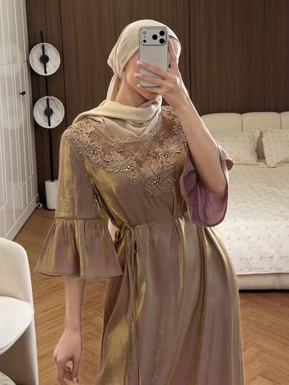 DAZY Women's Elegant Floral Embroidery Ruffle Hem Dress With Asymmetric-Shoulder