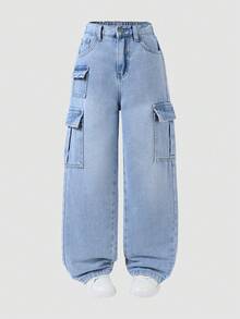 Tween Boy Cool Multi-Pocket Casual Street Style Drawstring Waist Washed Blue Denim Jeans - Light Wash - View 9