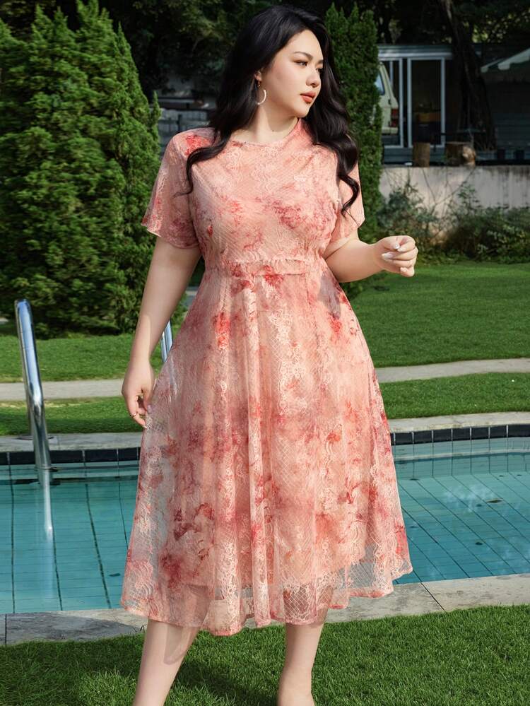 Dazy Plus Valentine Plus Size Women Lace Waist Cinched Midi Dress, Elegant Short Sleeve Round Neck Dress For Dates Sundress Floral Dresses For Women