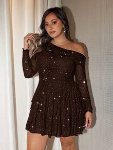 SHEIN BAE Đầm mini dáng dài màu đen bóng lấp lánh, chất liệu lưới, dành cho nữ, kiểu dáng thanh lịch, ngọt ngào và gợi cảm, với phần vai lệch bất đối xứng và viền xếp tầng bồng bềnh. - Cà phê nâu - Xem 1