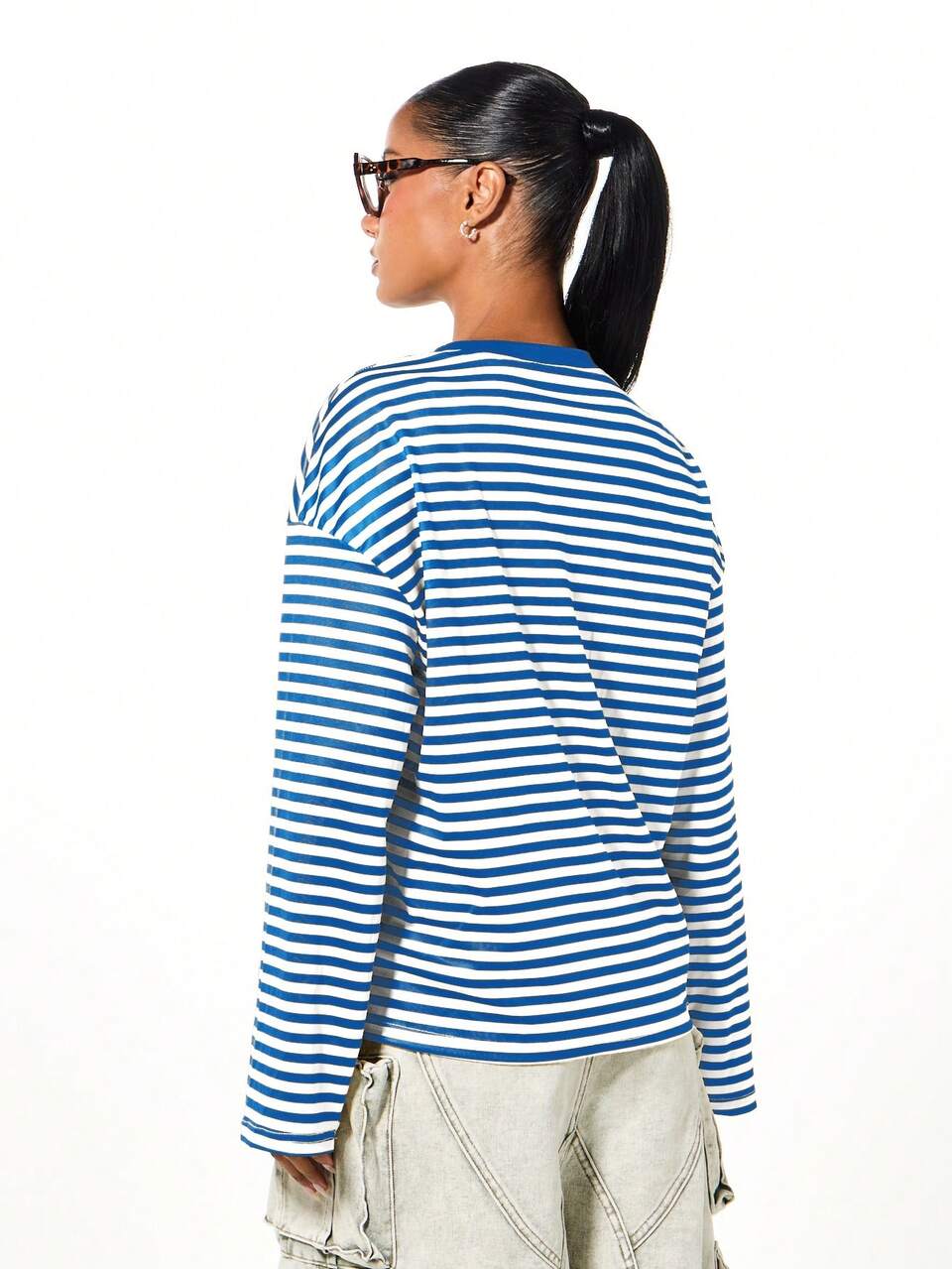 SUMWON Camiseta de Manga Longa com Gola Careca e Listras para Mulheres, Básica Casual, Moletom, Leve para Uso Diário no Outono e Inverno, Caimento Relaxado