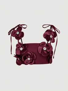 Aveloria Rosie 白色精致花卉装饰短款吊带背心 - 紅色 - 查看 1