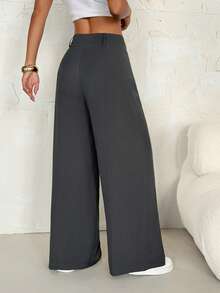SHEIN PETITE Women's High Waist Pleated Wide Leg Loose Casual Pants, Spring - Grey - View 2