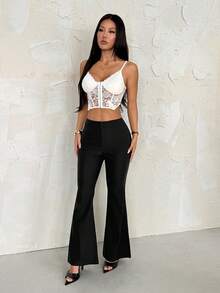 SHEIN PETITE Sexy Summer Business Office Casual Solid Flare Leg Pants - Black - View 6