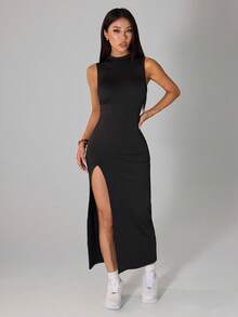 SHEIN PETITE Đầm xẻ tà thanh lịch, thoải mái dành cho nữ, nhẹ nhàng, thích hợp cho mùa hè. - màu đen - Xem 6