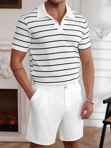 Core Aspect 男士纯色短袖休闲 Polo 衫和长裤套装，男士夏季服装，男士纯色 Polo 衫和短裤套装，日常休闲简约男士两件套，休闲两件套，男士条纹短袖 Polo 衫和西装短裤套装，男士两件套 - 黑與白 - 查看 4