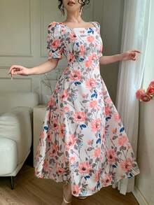 DAZY Women's Elegant Floral Print Square Neck Puff Sleeve Dress, Summer Wedding Guest Dress - Pink - View 3