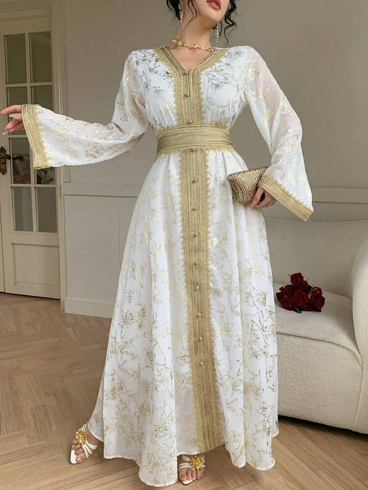 Women's Elegant Floral Colorblock Lace Patchwork V-Neck Long Dress, Spring/Summer Wedding Guest Dress Sundress