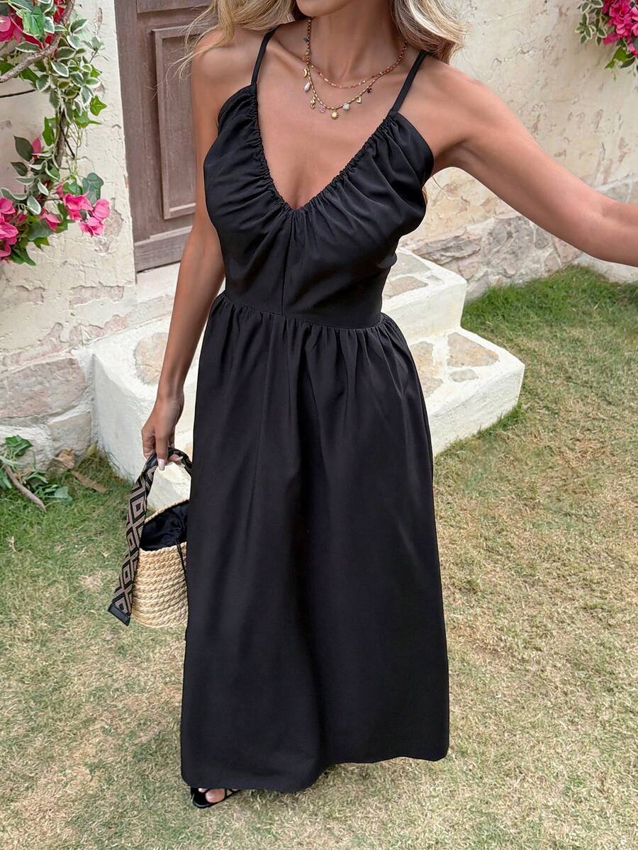 Cévolie 女士度假休闲纯色露背系带连衣裙 - 黑色 - 查看 1