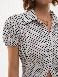 Poéselle 波点印花前扣复古休闲短袖衬衫 - 白色 - 查看 6