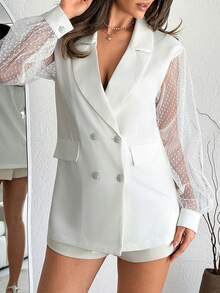 EURMUSE Women Rhinestone Detailed Tulle Sleeve Detailed Blazers - White - View 3
