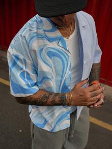 DAZY Men's Patchwork Contrast Color Digital Print & Solid Color Blue Shirt, Summer - Blue - View 4