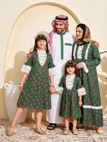 少女碎花印花喇叭袖纽扣设计连衣裙 - 綠色 - 查看 1