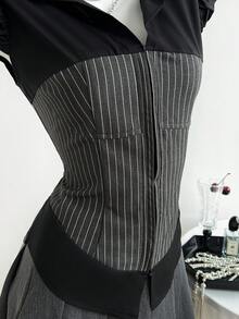 SHEIN Unity Women's Casual Black Patchwork Grey Striped Slim Fit Short Sleeve Minimalist Shirt - Black - View 5