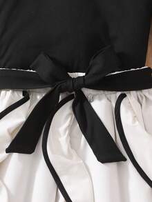 Teen Girl Summer Casual Faux Pearl Beaded Puff Sleeve T-Shirt And Ruffle Hem Skirt Set - Black and White - View 6