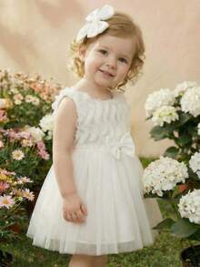 SHEIN Infant Wedding Season Light Pink Mesh 3D Floral Decor Sleeveless Dress, Suitable For Party, Summer - White - View 2