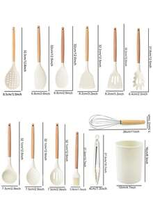 Madebyblanc Bộ dụng cụ nấu ăn bằng silicon 13 món, bao gồm giá đỡ, bộ dụng cụ nhà bếp, thích hợp để nấu nướng, thìa cán gỗ, kìm. - trắng - Xem 3