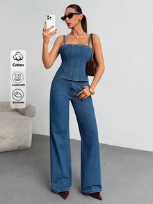 SHEIN 100% Cotton Women's Denim Two Pieces Outfits With Top And Jean - Medium Wash - View 5