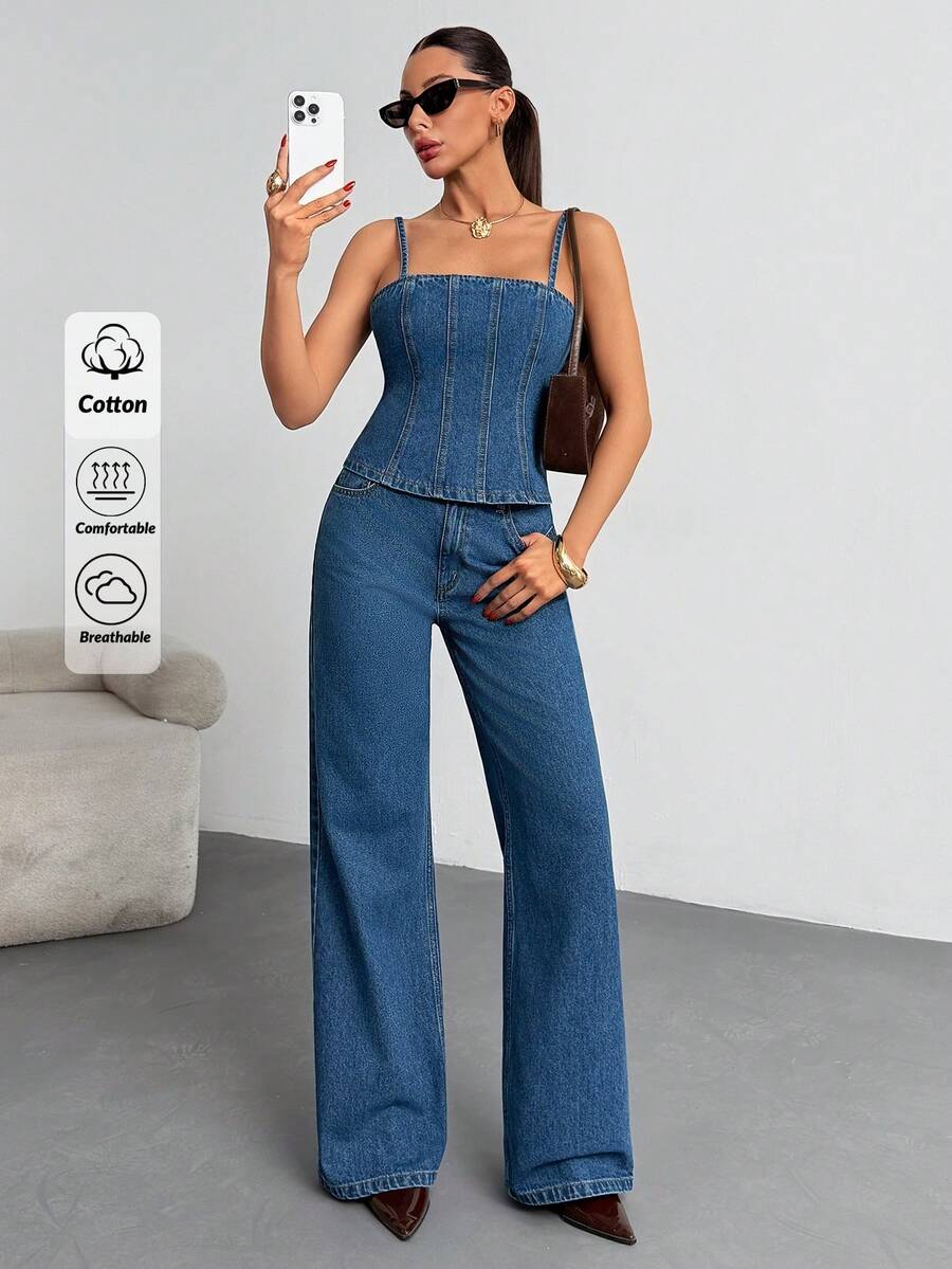 SHEIN 100% Cotton Women's Denim Two Pieces Outfits With Top And Jean - Medium Wash - View 1