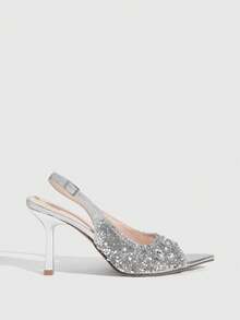 CUCCOO SZL Women's Sexy Rhinestone Strap Silver High Heels, Open Toe Stilettos For Party, Date, Formal Dress, Suitable For Christmas, Halloween, Thanksgiving, New Year Spring Shoes Prom Heels - Silver - View 2