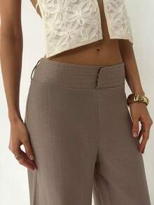 Aloruh Women's Casual Vacation Home Daily Pleated Linen Super Low Waist Loose Wide Leg Pants, Spring/Summer - Khaki - View 5