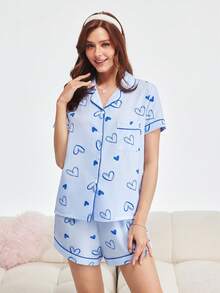Bonmuse 女士心形印花短袖上衣和短裤睡衣套装，清凉浅蓝色 - 藍色 - 查看 4