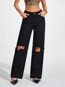 SHEIN Unity Women's Distressed Solid Color Casual Jeans Black Ripped Jeans Ripped Baggy Jeans Cut Out Pants Oversized Jeans - Black - View 3