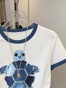 Resyla Women's Casual Everyday Commute Vacation Style Cute Sea Turtle Printing Craft Ringer Short Sleeve T-Shirt, Summer - White - View 3