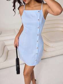 Aidyla Đầm ngắn mùa hè gợi cảm dành cho nữ, dây mảnh, kẻ sọc xanh trắng, có cúc trang trí. - Màu xanh lam - Xem 1