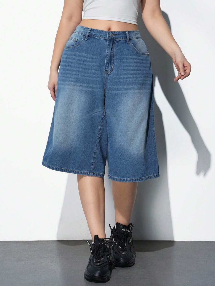Maija Plus-Size Denim Bermuda Shorts, High-Waisted Wide-Leg Pants With Comfortable Elastic Waistband