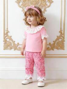 Sparklyn Baby Girls' T-Shirt Set With Ditsy Floral And Lace Trim, 2pcs Outfit, Traditional , Pink Floral And White Lace Design, Sweet And Cute, Soft Knit Fabric, Suitable For Party, Gathering, Formal Wear And Daily Wear, Traditional Arabic Baby Clothing Pants Suits Formal Pink For Baby Girl Baby Girl Clothes Ruffle Hem Baby Girl Princess Casual Pant Sets Two Piece Toddler Girls Dress Shirt And Pants Two Piece Set For Baby Girls Toddler Pants Suit For Girls - Pink - View 8