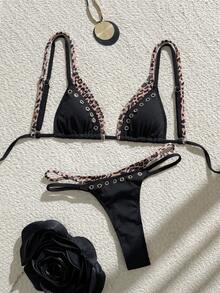 Swim Vcay Spring/Summer New Black Leopard Print Patchwork Sexy High Cut Adjustable Tie Thong Panty, Ribbed Fabric With Perforated Design, Y2K Style Bikini Set Set For Women, Suitable For Party, Afternoon Tea, Music Festival, Beach Vacation - Multicolor - View 3
