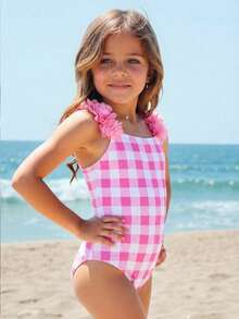 Emery Rose Kids Emery Rose Kids 女童格子3D花卉边饰泳衣，春夏款 - 淺粉色 - 查看 3