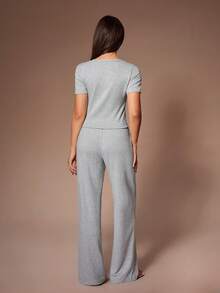 Lazeform Women's Loose Fit Slimming Short Sleeve Wide Leg Pants Casual 2 Pieces Set, Suitable For Outdoor Wear In Summer - Light Grey - View 2