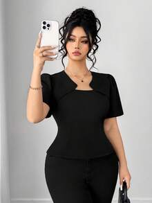Elenzga 大码女式方领泡泡袖修身优雅复古衬衫 - 黑色 - 查看 6