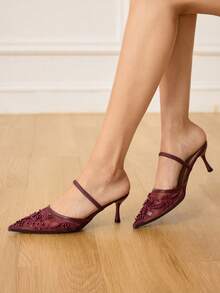 CUCCOO HITCHD 女士优雅尖头露跟高跟鞋，饰有串珠网纱和浪漫蕾丝设计，黑色，适合婚礼、派对、正式场合。 - 深紅色 - 查看 12