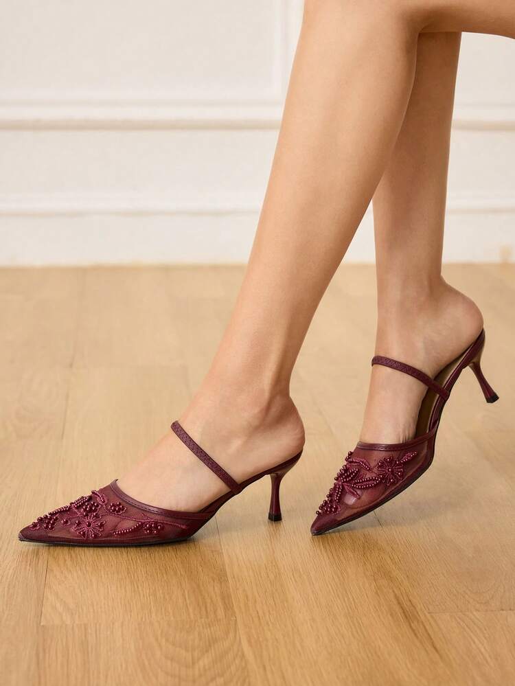 CUCCOO HITCHD Women's Elegant Pointy Toe Slingback High Heels With Beaded Mesh, Romantic Lace Design, Black Color, Suitable For Weddings, Parties, Formal Occasions Valentine's Day Elegant Shoes Wedding Shoes Summer Shoes Bride Shoes