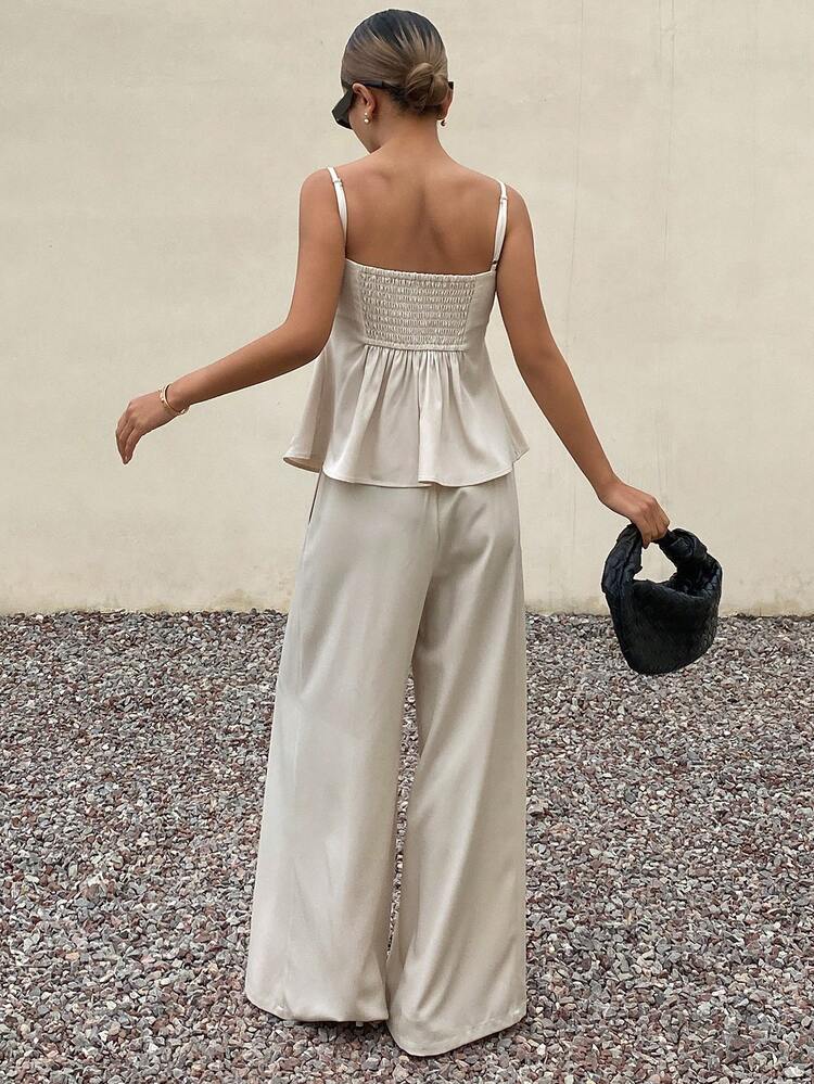 Women's Casual Solid Color Camisole & Wide Leg Pants 2 Pieces Set, Summer