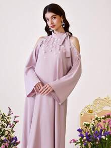 Al Najma 女士3D立体花卉装饰露肩长袖阿拉伯风格连衣裙 - 粉色 - 查看 13