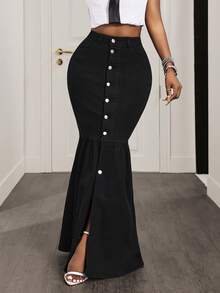 Slaydiva Chân váy denim ôm sát người, màu trơn, cài một hàng cúc, dáng đuôi cá, dành cho nữ, thanh lịch. - màu đen - Xem 5