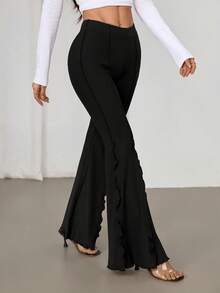 SHEIN PETITE Lettuce Trim Elastic Women's Flared Pants - Black - View 6