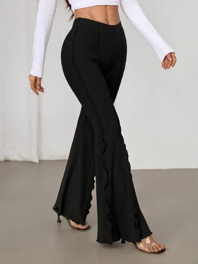 SHEIN PETITE 荷叶边弹力女士喇叭裤