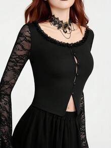 Breakform Áo cardigan ngắn tay dài, cài cúc, cổ ren phối màu trơn, chất liệu vải dệt kim, dành cho nữ, kiểu dáng thanh lịch Gothic, có khuy cài, tay áo loe và cổ tay áo ôm sát. - màu đen - Xem 3