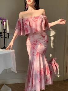 DAZY Women's Elegant Floral Off Shoulder Fishtail Dress, Summer Wedding Guest Dress Maxi Dress Sundress - Pink - View 7
