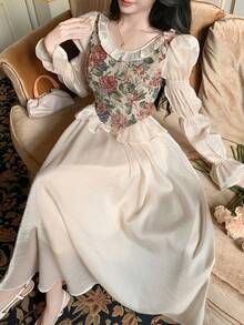Women's Elegant Floral Patchwork Frill Trim Long Dress, Spring/Summer Wedding Guest Dress - Beige - View 3