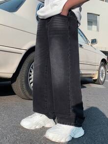 Little Byeori 青少年男孩时尚休闲 Y2K 复古酷炫街头基础款简约舒适黑色牛仔宽松直筒牛仔裤，适合日常穿着、春夏锐舞节和街头服饰。 - 黑色 - 查看 7