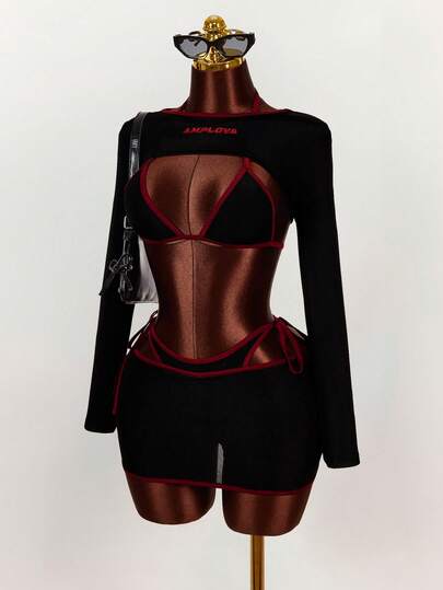 Amplova 2026 Women's New Sports Collegiate Style Long Sleeve Cropped Top, Halter Neck Tank, And Bodycon Mini Skirt Set