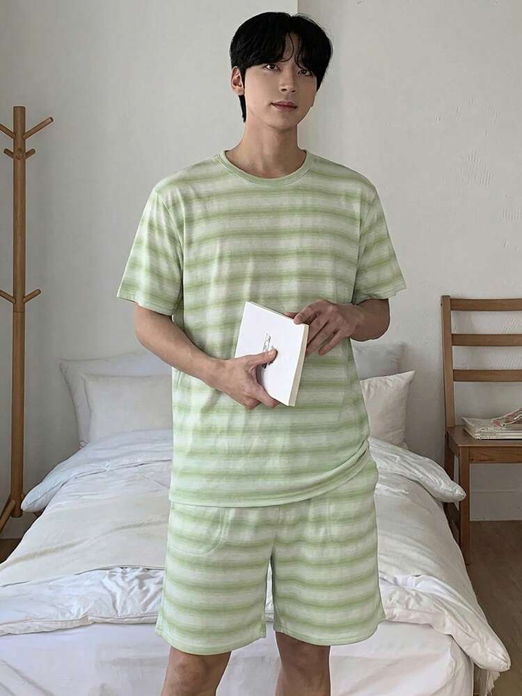 Men's Summer Short Sleeve T-Shirt And Shorts Striped Pajama Set
